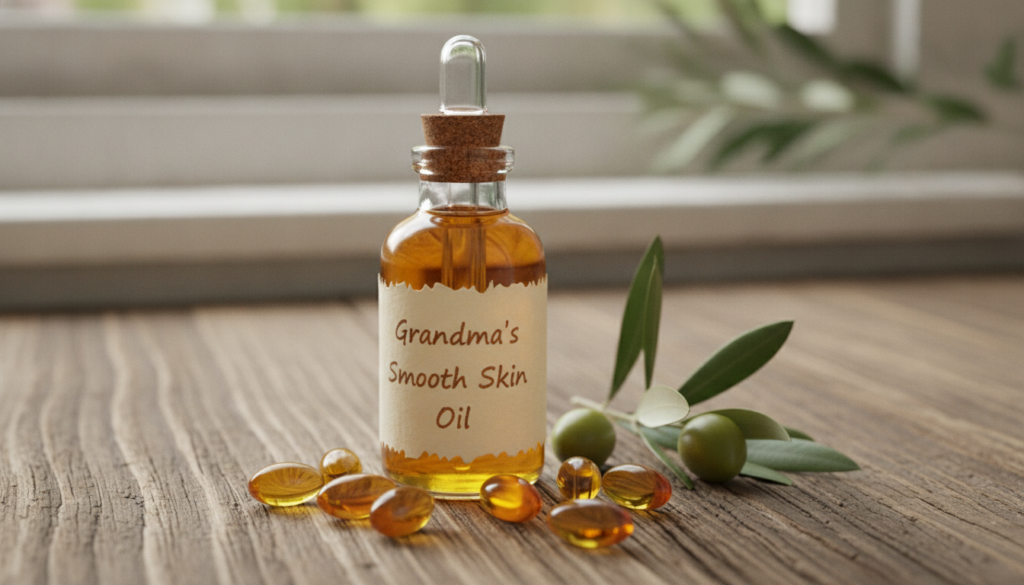 A small glass dropper bottle filled with golden oil labeled Grandma s Smooth Skin Oil sitting on a wooden surface with a