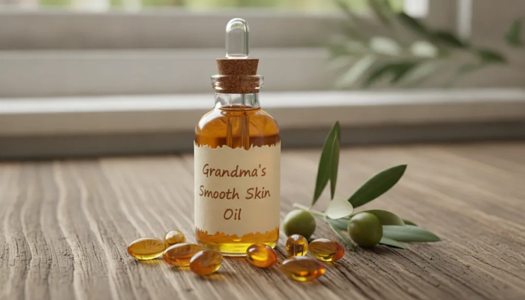 A small glass dropper bottle filled with golden oil labeled Grandma s Smooth Skin Oil sitting on a wooden surface with a