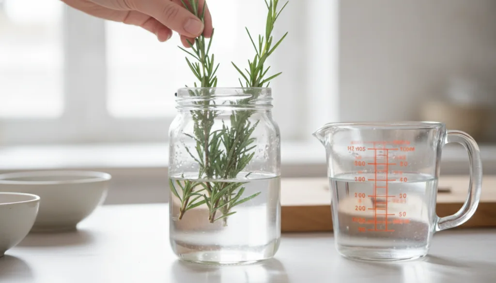 A close-up of fresh rosemary sprigs being placed into a clear glass jar ready for infusion with water in a separate meas