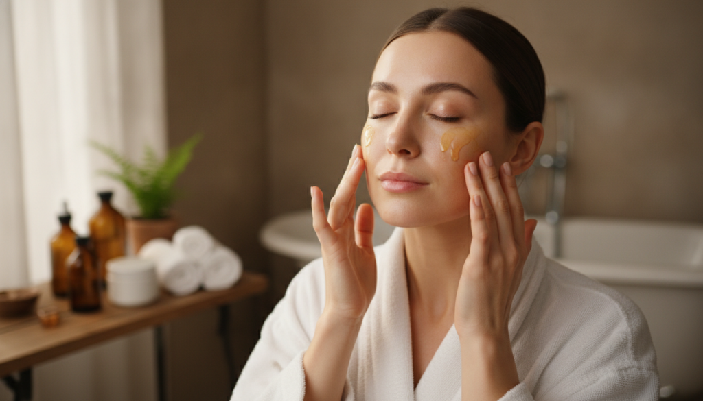 A woman gently massaging a few drops of golden facial oil onto her clean face with soft glowing skin visible Her eyes ar