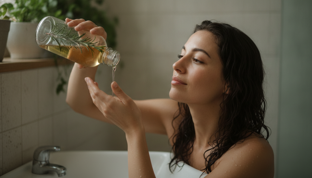 A woman gently pouring a homemade rosemary hair rinse from a glass bottle over her freshly washed hair in a shower or ov