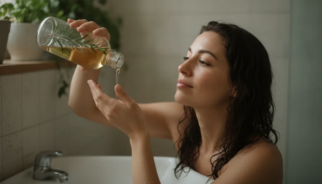 A woman gently pouring a homemade rosemary hair rinse from a glass bottle over her freshly washed hair in a shower or ov