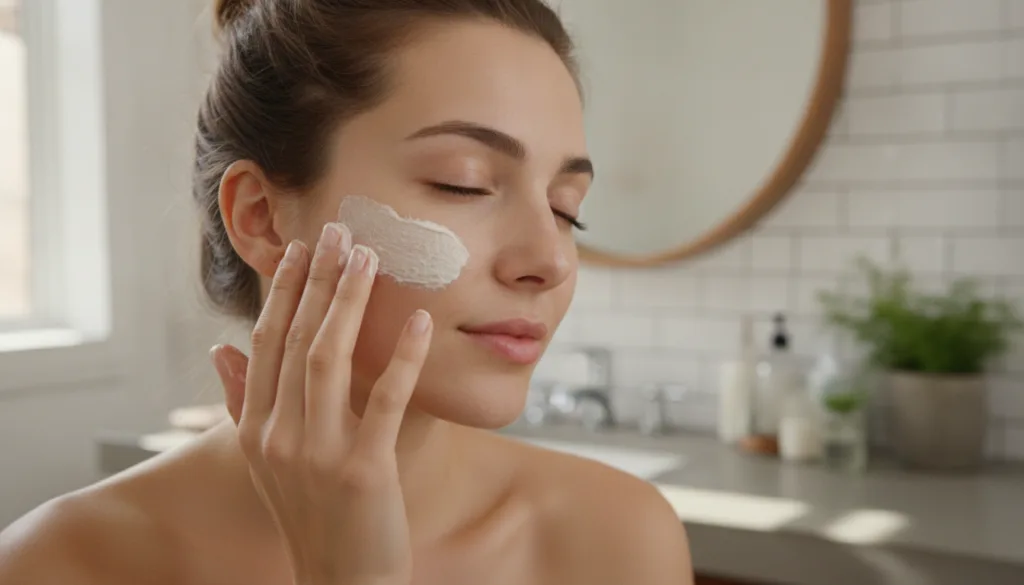 A woman gently applying a white paste to her cheek with her fingertips her skin looking soft and clean