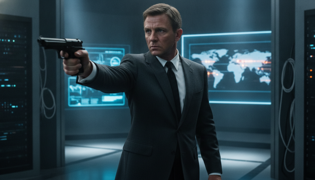 Pierce Brosnan as James Bond in GoldenEye wearing a sleek suit holding a Walther PPK with an intense expression in a dyn