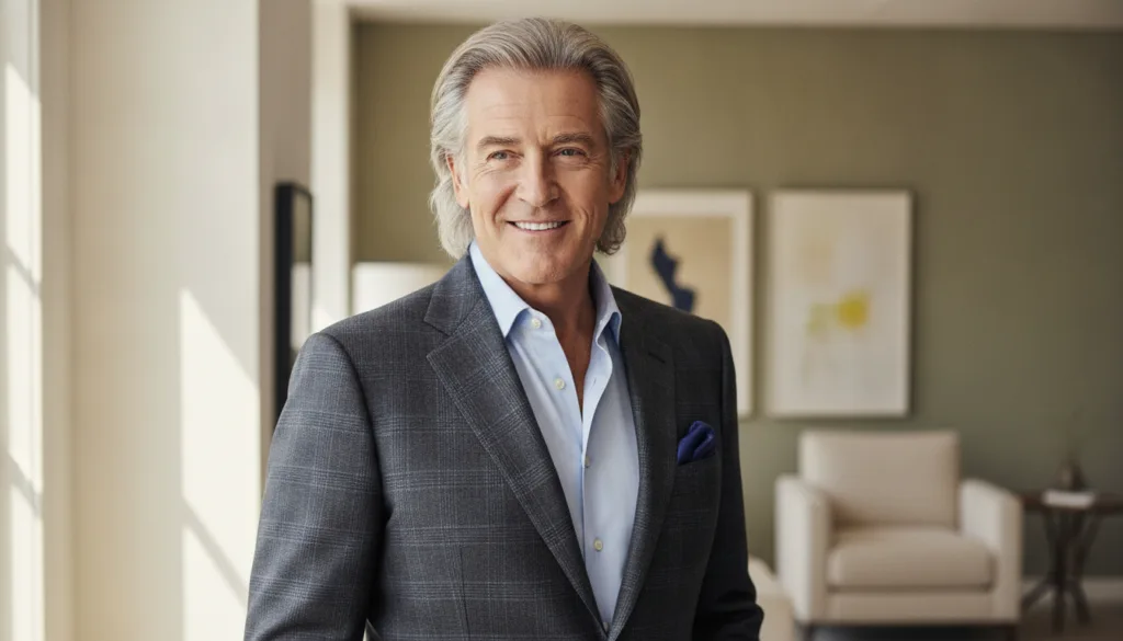 A modern photo of Pierce Brosnan looking distinguished with silver hair a warm smile perhaps in a casual yet elegant set