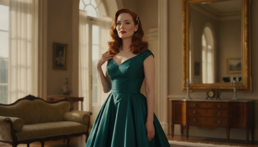Julianne Moore in a vintage 1950s period costume with meticulously styled hair and makeup similar to her role in Far Fro
