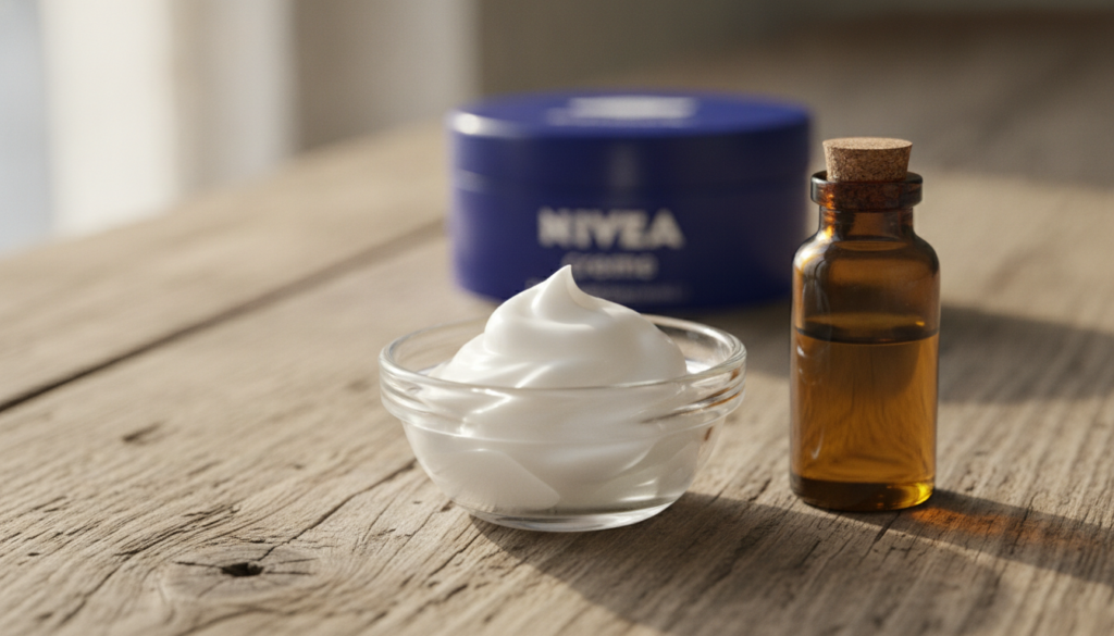 A small clean bowl with Nivea Creme and a separate small bottle of sweet almond oil ready to be mixed against a simple n