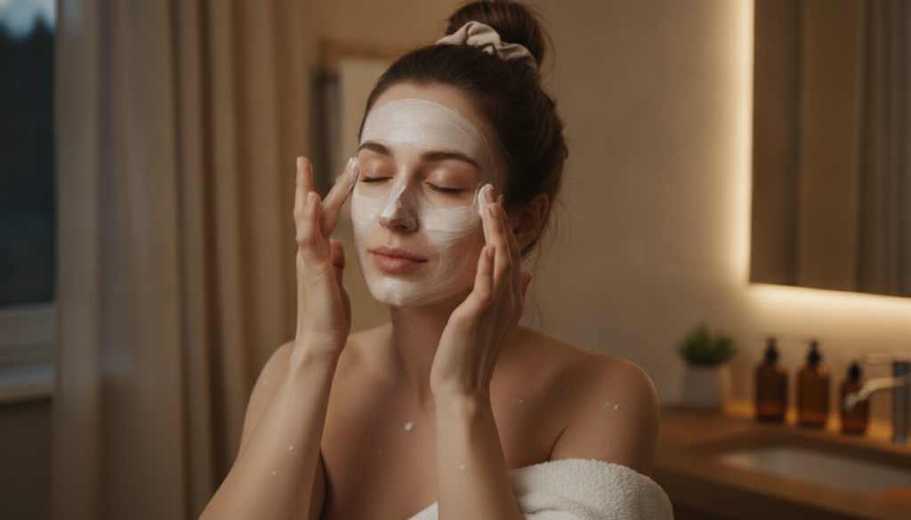 A woman gently massaging the Nivea Creme and sweet almond oil mix onto her clean face before bed showing a radiant and r