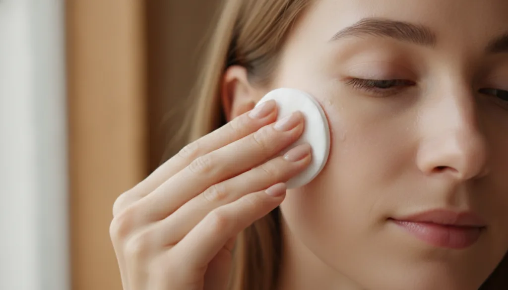 Close-up of a hand gently applying rice water toner with a cotton pad to a woman s cheek showing clear healthy-looking s