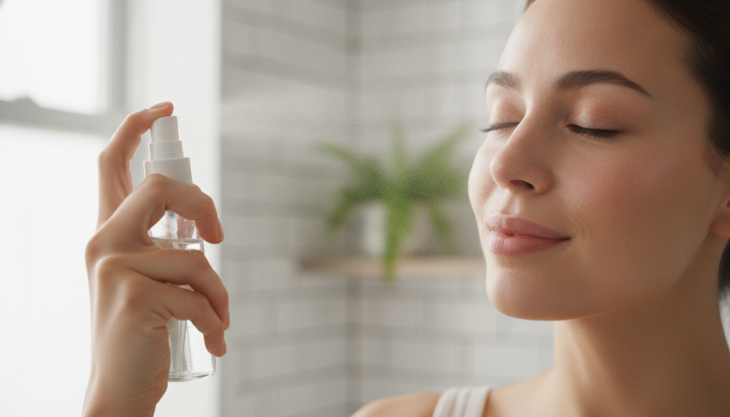 A woman s hand gently misting her face with a homemade toner from a small spray bottle with a soft focus on her refreshe