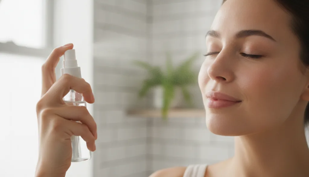A woman s hand gently misting her face with a homemade toner from a small spray bottle with a soft focus on her refreshe