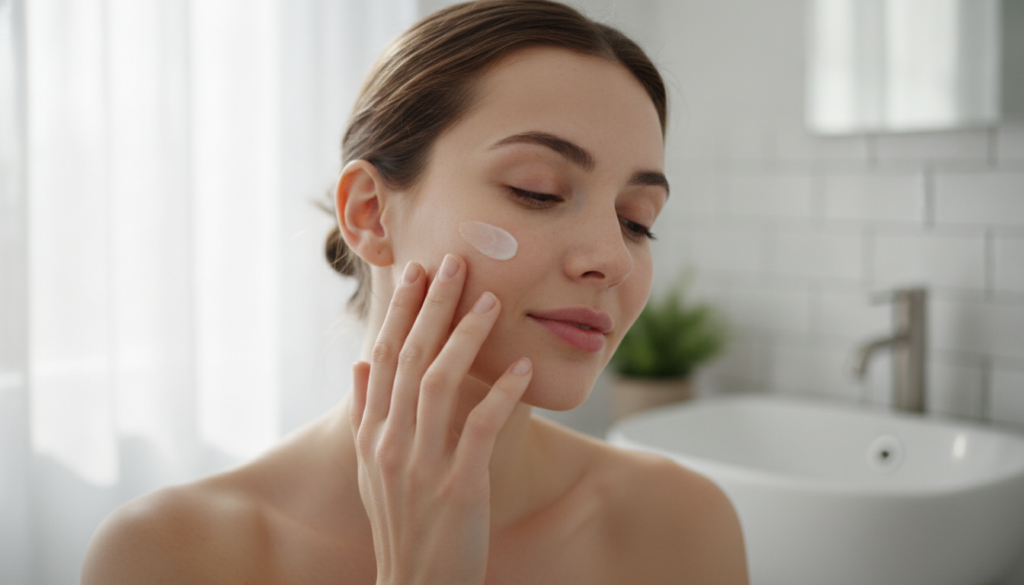A woman gently massaging a small amount of cream onto her cheek demonstrating the application of the DIY youthful skin c