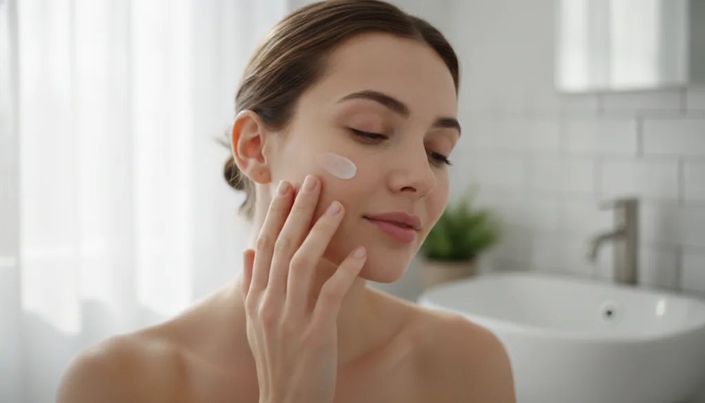 A woman gently massaging a small amount of cream onto her cheek demonstrating the application of the DIY youthful skin c