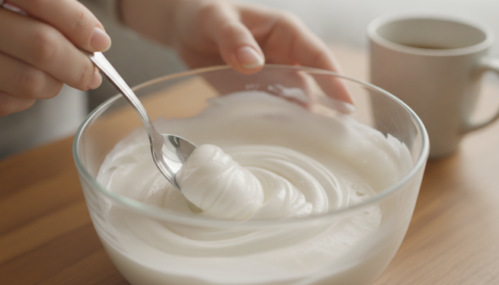 Hands mixing a creamy white paste with a spoon in a small glass bowl showing the texture of the DIY youthful skin cream
