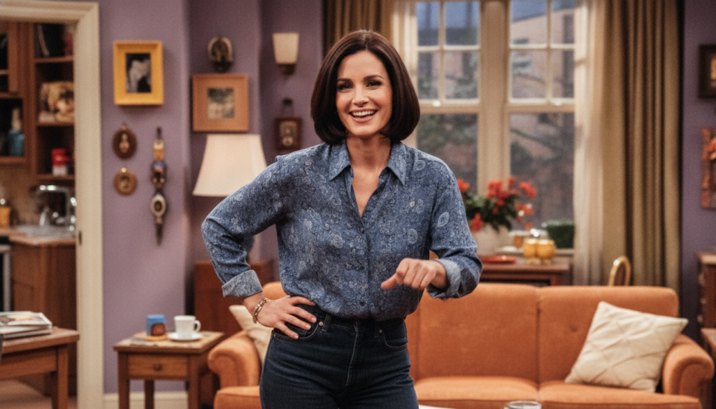 Courteney Cox as Monica Geller from Friends looking cheerful and energetic in a typical 90s outfit
