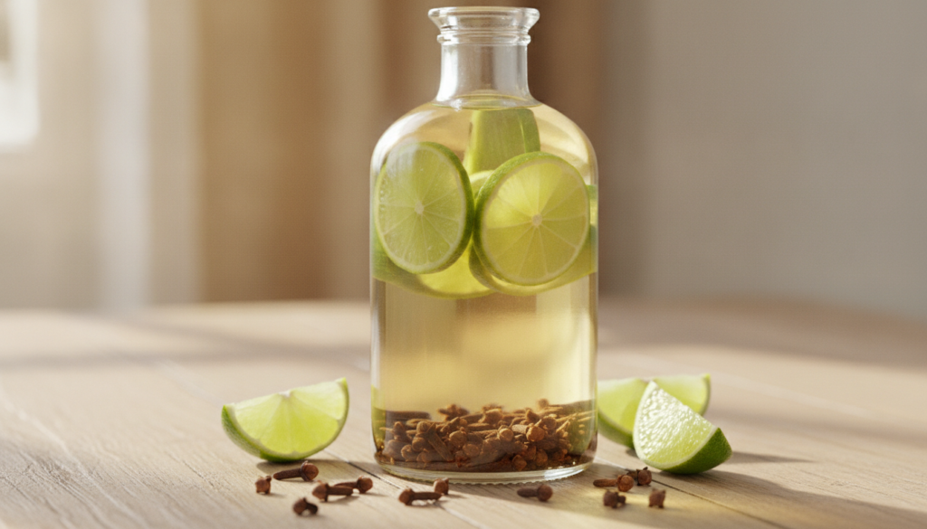 Clear glass bottle filled with baby oil and fresh green lime slices with a few whole cloves at the bottom