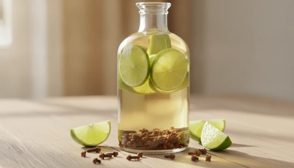 Clear glass bottle filled with baby oil and fresh green lime slices with a few whole cloves at the bottom