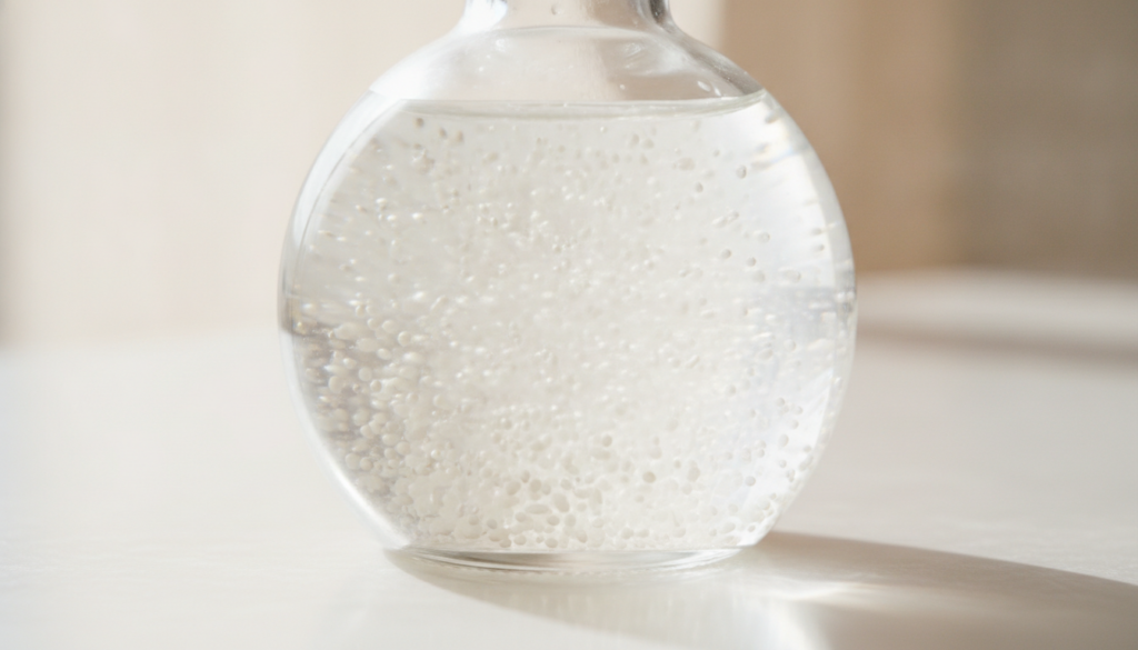 Close-up of a clear glass bottle filled with baby oil and white rice grains gently swirling
