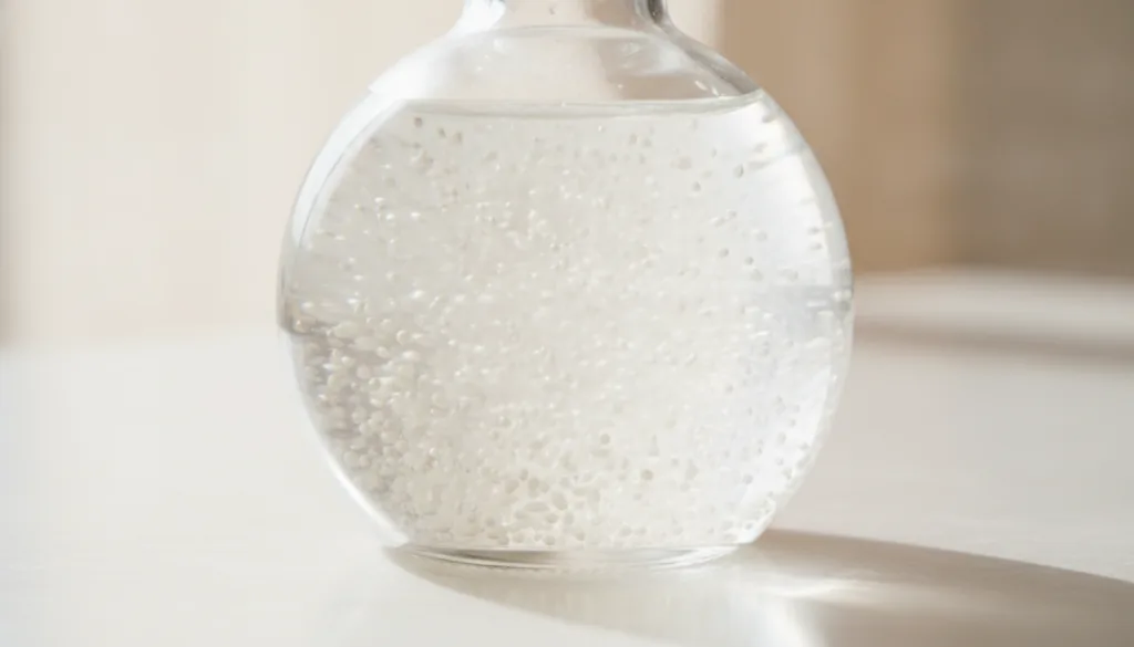 Close-up of a clear glass bottle filled with baby oil and white rice grains gently swirling