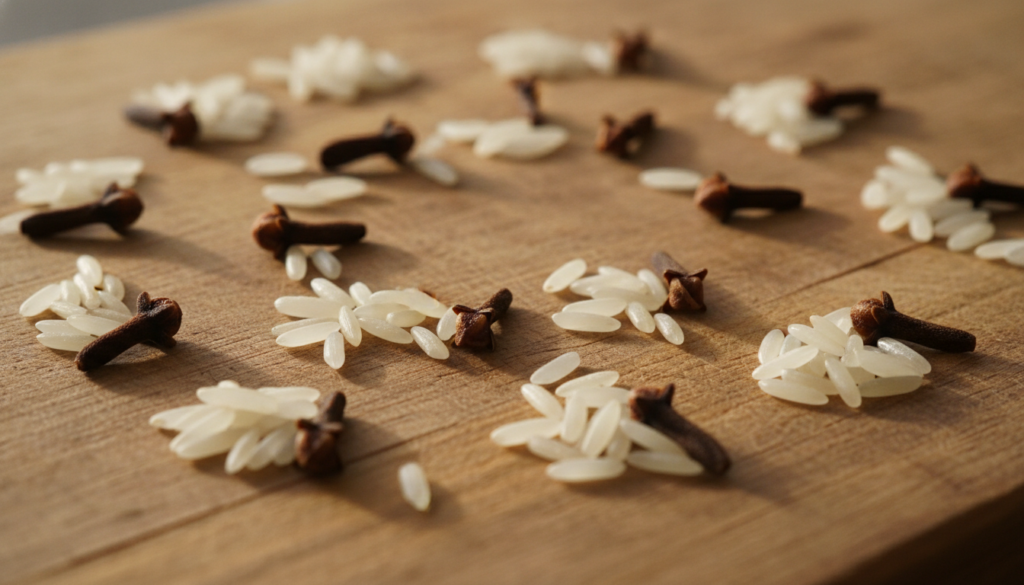 A close-up of dry rice grains and whole cloves on a small wooden bowl or surface ready for use in a DIY mask