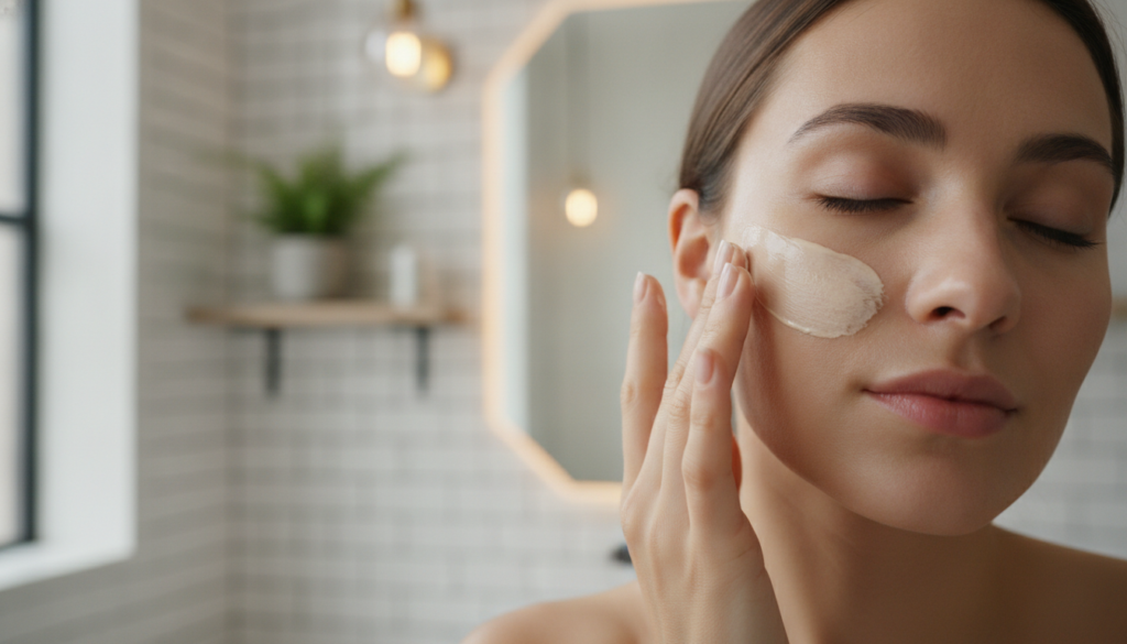 A person with a clean gentle hand applying a creamy light-colored face mask to their face looking into a mirror or at th