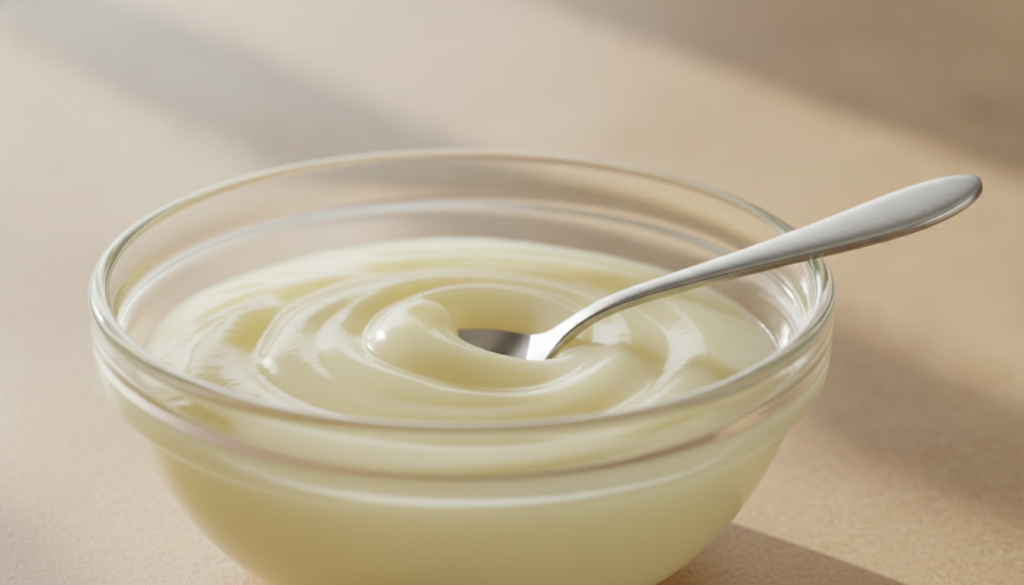 A small bowl with a creamy mixture of Vaseline and lemon with a spoon for application