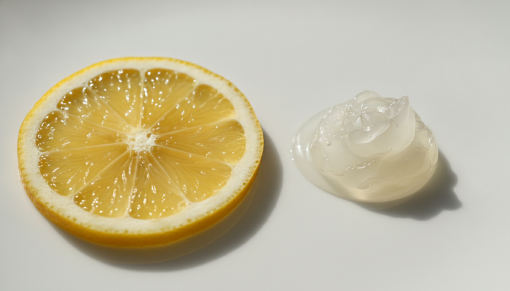 A close-up of a fresh lemon slice and a dab of Vaseline on a clean surface highlighting the individual ingredients