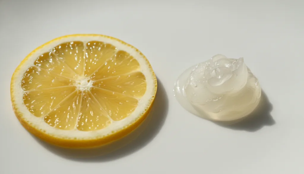 A close-up of a fresh lemon slice and a dab of Vaseline on a clean surface highlighting the individual ingredients