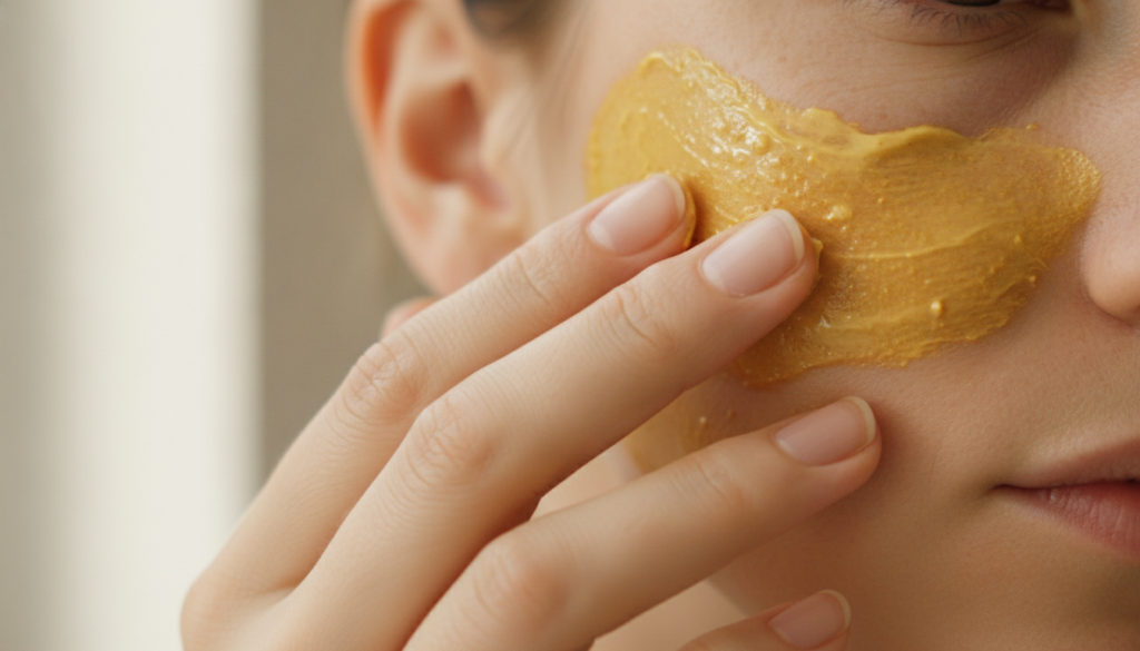 A close-up of a person s hand applying a golden yellow DIY face mask to their cheek showcasing the texture of the mask o