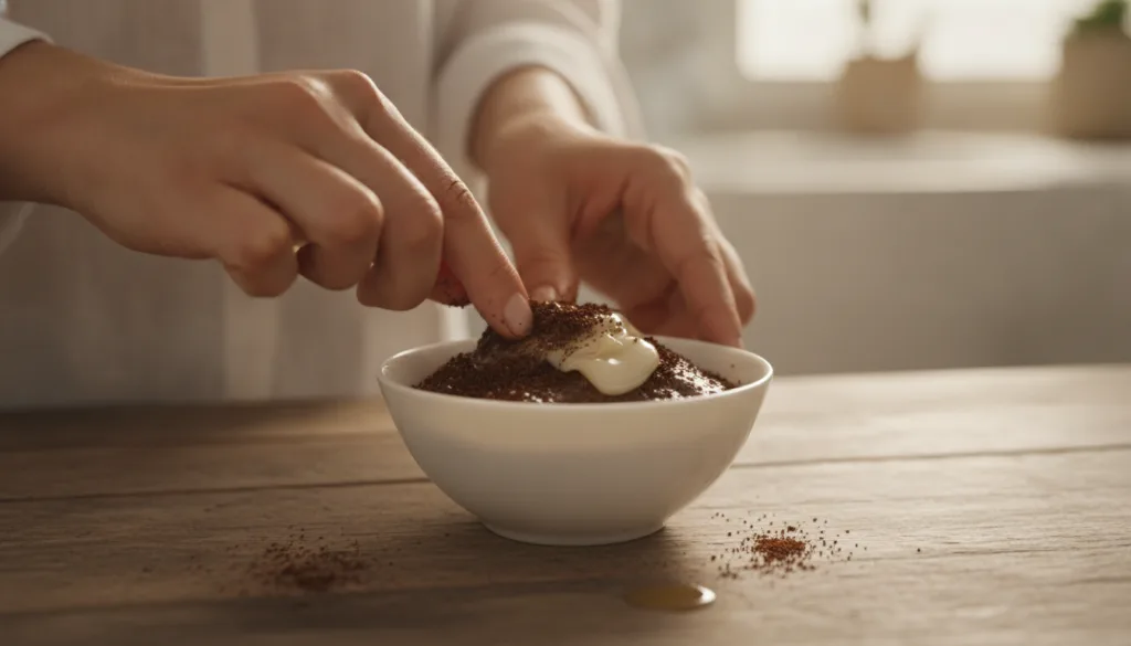A close-up of hands mixing coffee grounds baby oil and Vaseline in a small bowl to create a smooth paste for a DIY beaut