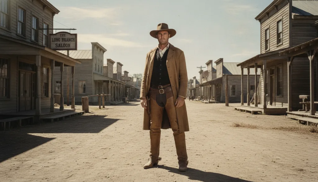 James Arness as Marshal Matt Dillon standing tall in his cowboy attire patrolling the dusty streets of Dodge City with c