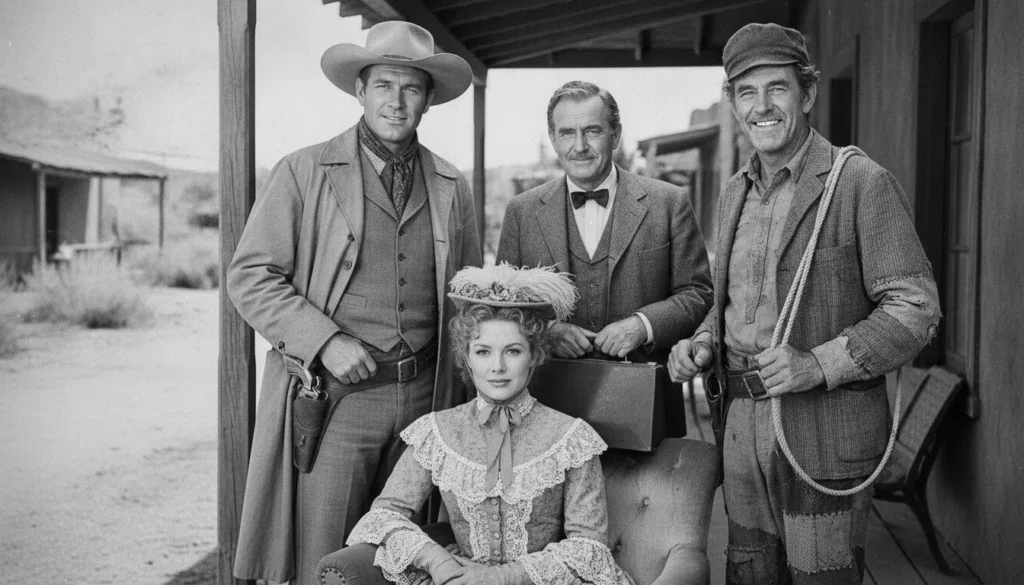 A black and white photograph of the main cast of Gunsmoke including James Arness as Matt Dillon Milburn Stone as Doc Ama