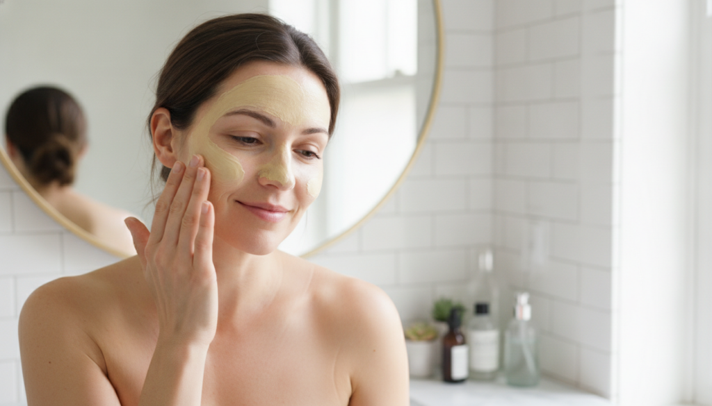A woman gently applying a DIY Vaseline and egg yolk mask to her face with her fingertips her skin looking soft and clean