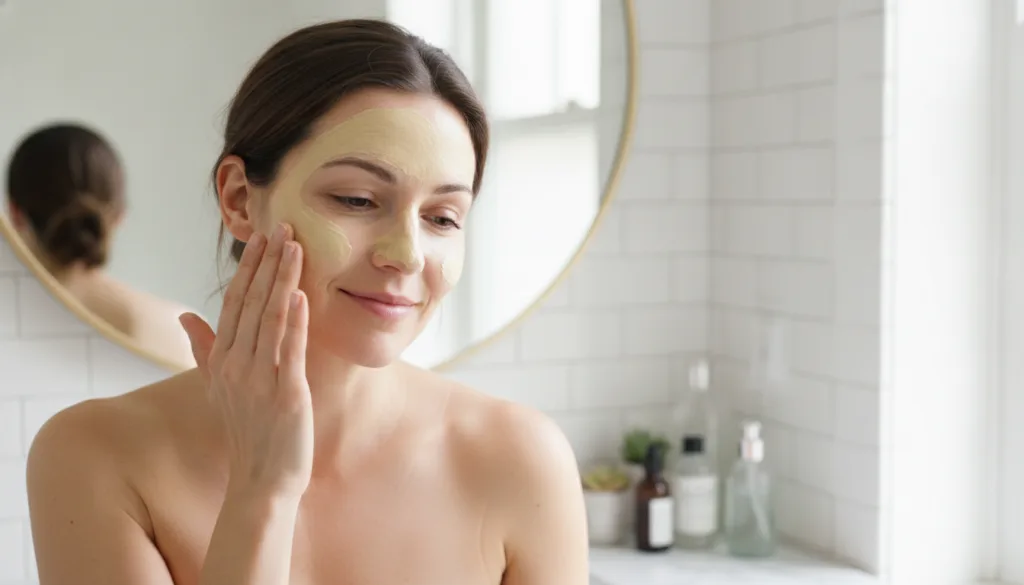 A woman gently applying a DIY Vaseline and egg yolk mask to her face with her fingertips her skin looking soft and clean