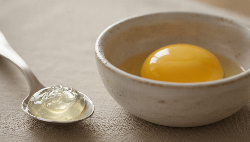 Close-up of a vibrant yellow egg yolk in a bowl next to a spoonful of Vaseline highlighting the rich texture of both ing