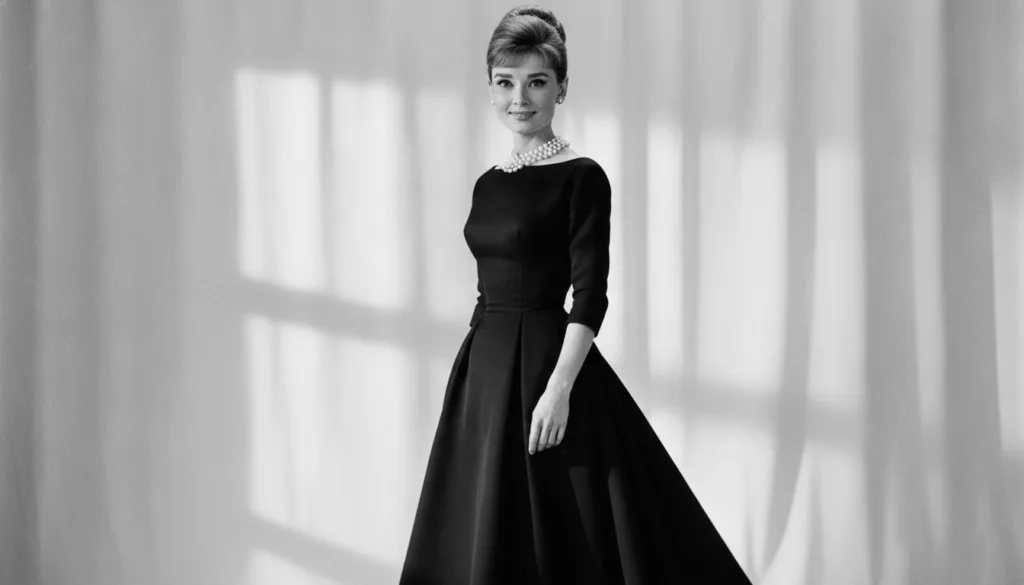 Audrey Hepburn smiling elegantly with her characteristic poise perhaps in a classic pose from a movie or a portrait