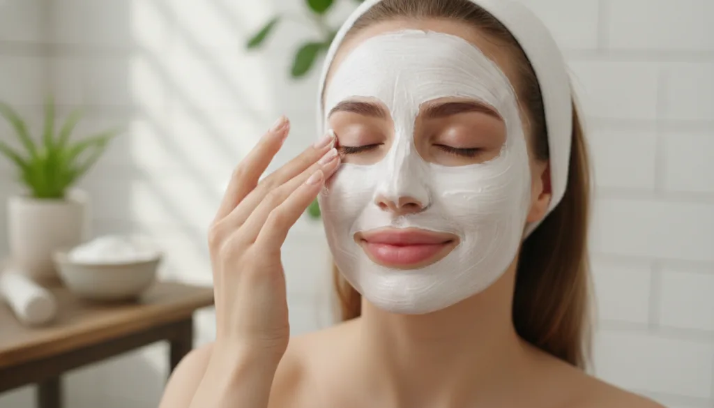 A woman s hand gently applying a homemade rice powder and Vaseline mask to her clean face showing the smooth creamy text