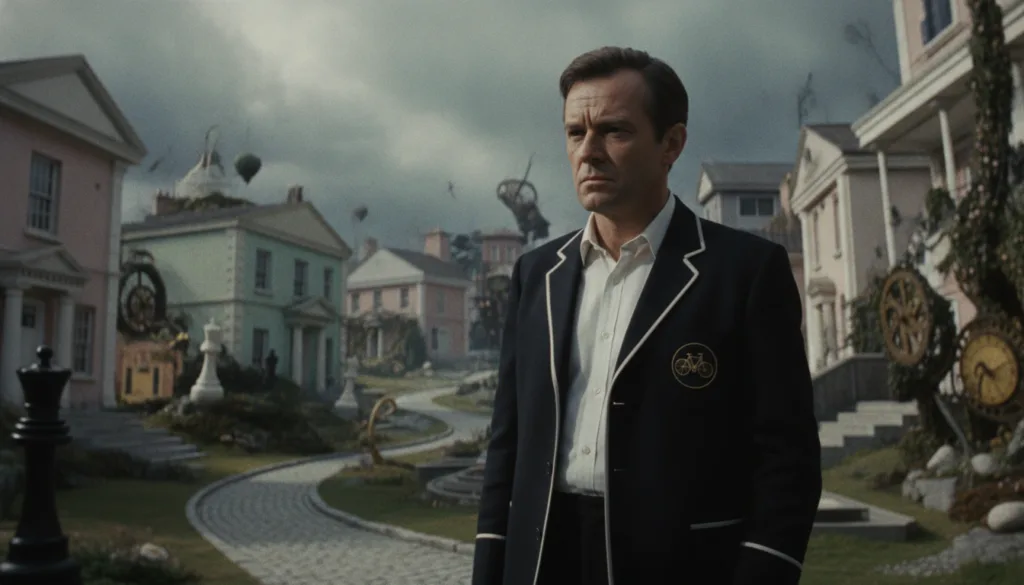 Patrick McGoohan in character as Number Six from The Prisoner perhaps wearing his signature blazer with a penny-farthing