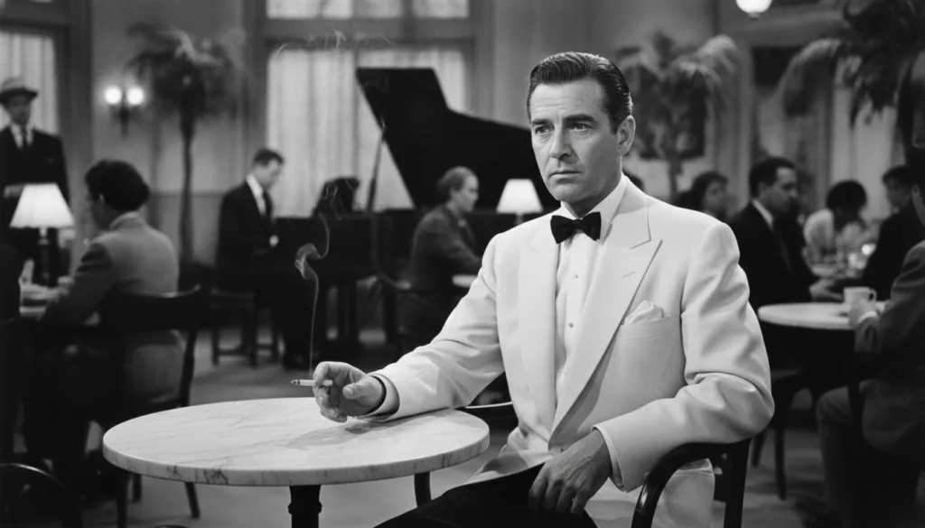 Humphrey Bogart as Rick Blaine in Casablanca wearing a white tuxedo jacket with a thoughtful expression and a cigarette 