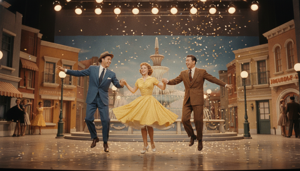 Debbie Reynolds as Kathy Selden in Singin in the Rain dancing with Gene Kelly and Donald O Connor