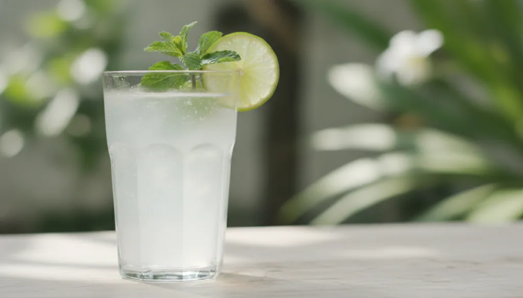 A tall glass filled with freshly poured coconut water garnished with a slice of lime and a sprig of mint on a light back