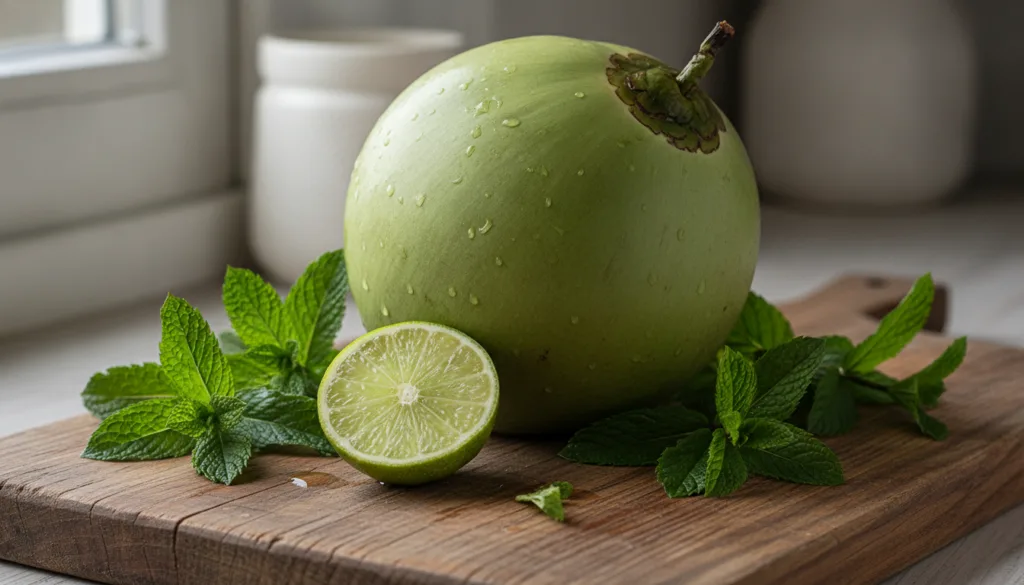 A collection of fresh ingredients for the coconut water drink including a whole green coconut a half-cut lime and fresh
