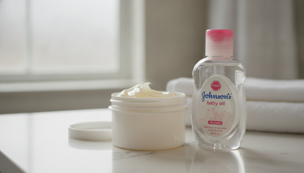 Vaseline tub and a bottle of Johnson s baby oil on a clean bathroom counter ready to be used