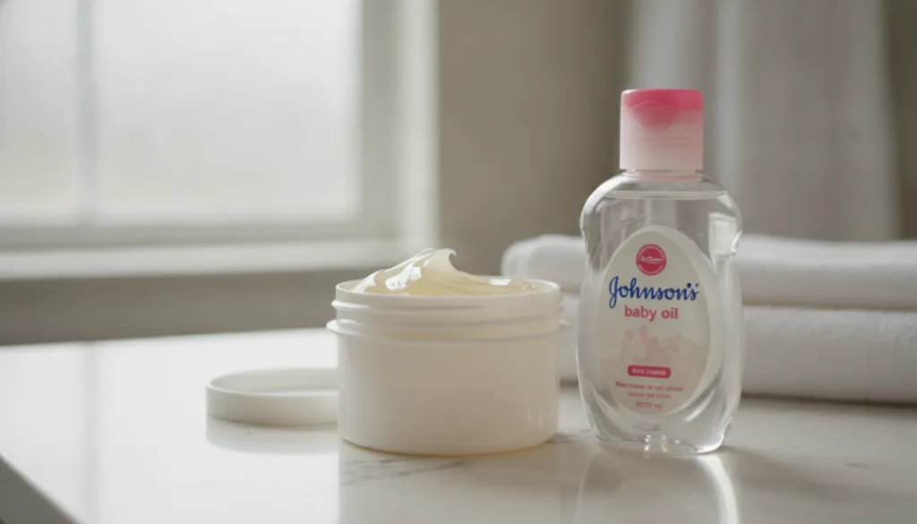Vaseline tub and a bottle of Johnson s baby oil on a clean bathroom counter ready to be used
