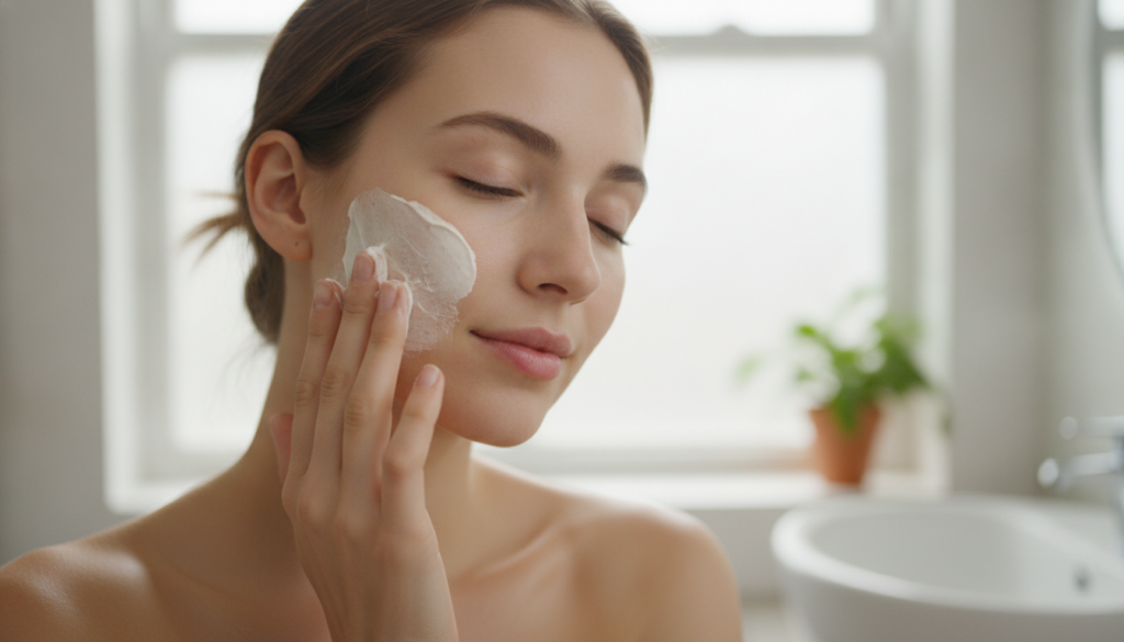 A woman applying a small amount of the homemade glowing skin cream to her face gently massaging it in