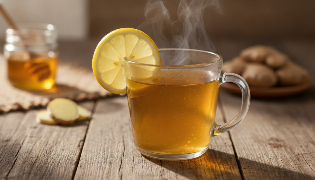 A close-up of a steaming mug of ginger lemon honey tea with a slice of lemon and fresh ginger on the rim on a wooden tab