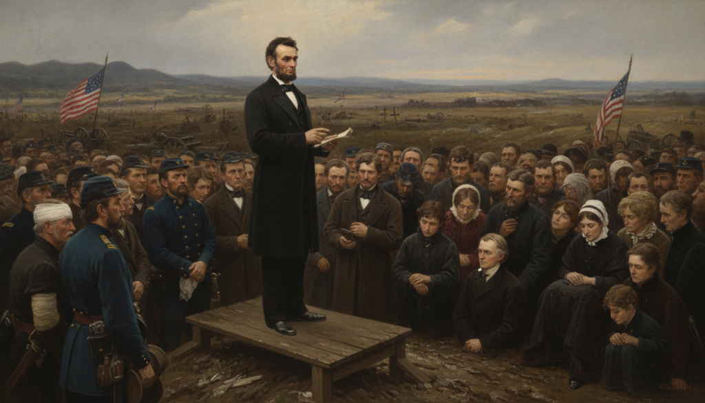 A historical depiction of Abraham Lincoln giving the Gettysburg Address surrounded by a crowd