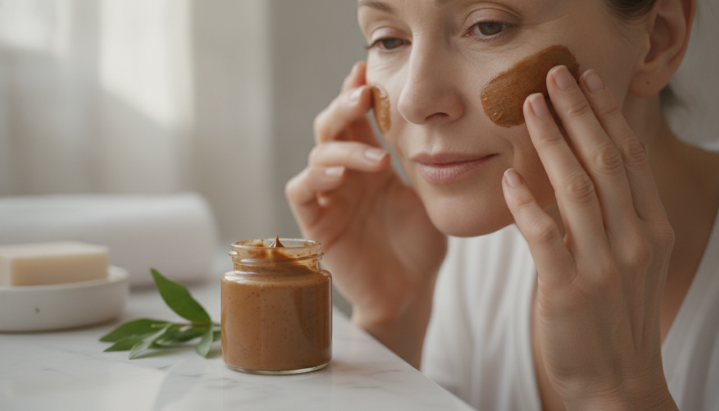 A small jar of finished DIY coffee cream next to a hand gently applying it to the face of a mature woman