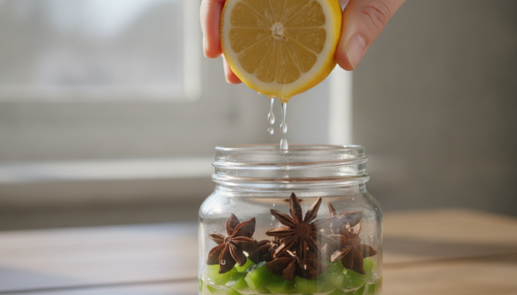 A hand squeezing a fresh lemon into a glass jar containing star anise pods and small pieces of green bell pepper on a li