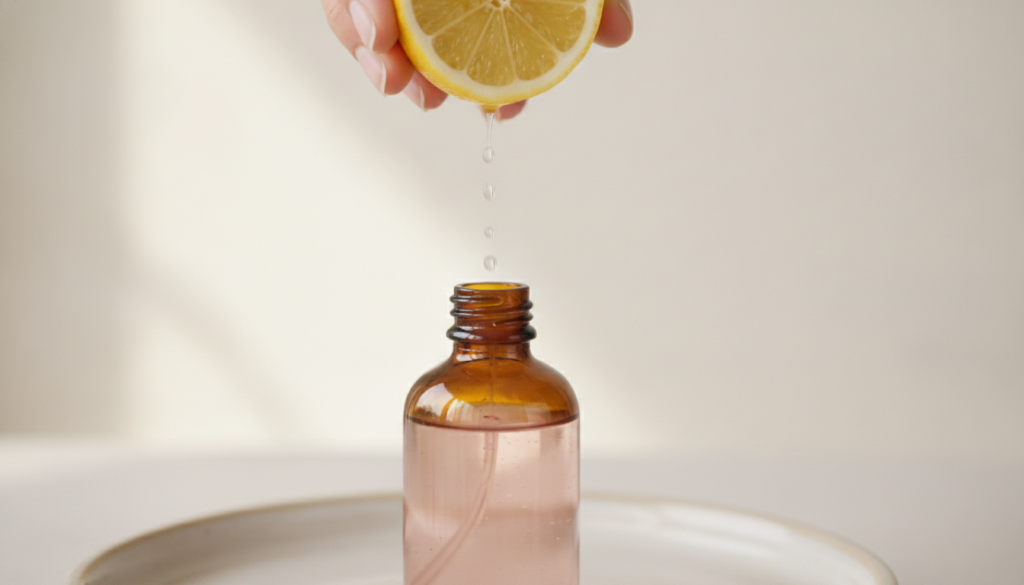 A hand squeezing a fresh lemon into a bottle of rose water showcasing a DIY toner recipe for brightening and balancing t